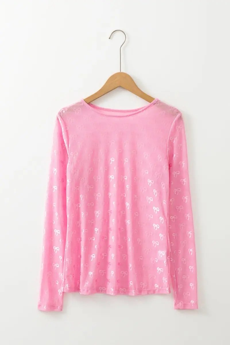 Pink Mesh Bow Pattern Long Sleeve Top for Women - Love Salve